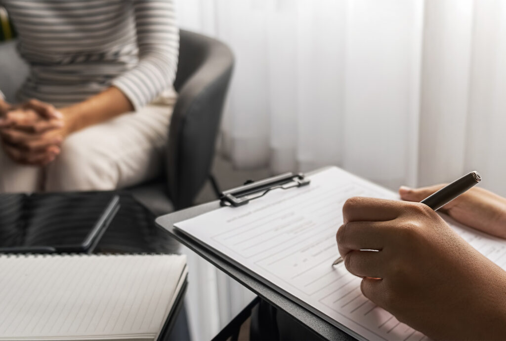 professional psychologist consulting on diagnostic examination disease in medical clinic or hospital